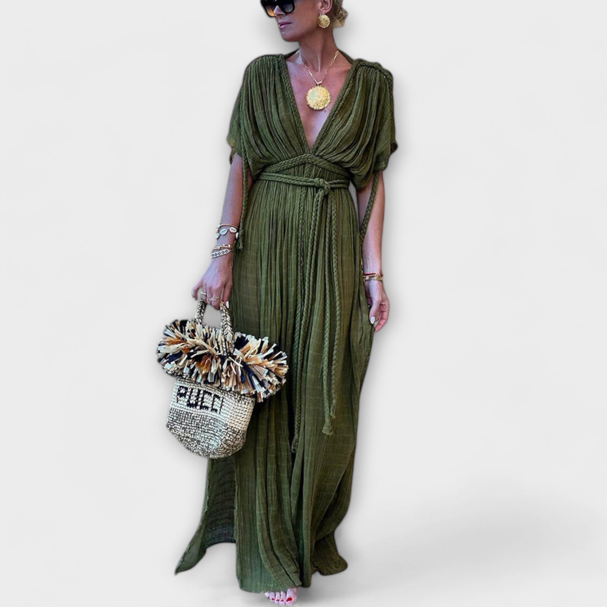 greek inspired maxi dress Elegant Greek Summer Maxi Dress with Golden Greek Key Belt