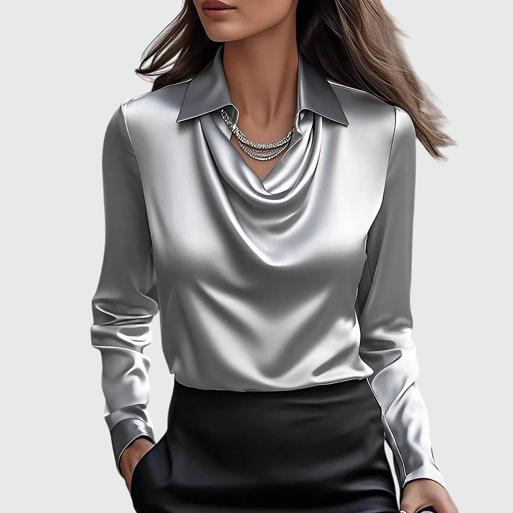 Sylvie | Luxurious Shiny Blouse with Pleated Neckline