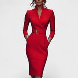 Kate | Refined black dress with belt and mandarin collar