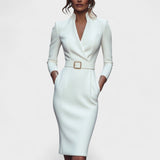 Kate | Refined black dress with belt and mandarin collar