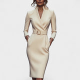 Kate | Refined black dress with belt and mandarin collar