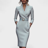 Kate | Refined black dress with belt and mandarin collar