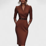 Kate | Refined black dress with belt and mandarin collar