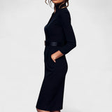 Kate | Refined black dress with belt and mandarin collar