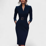Kate | Refined black dress with belt and mandarin collar