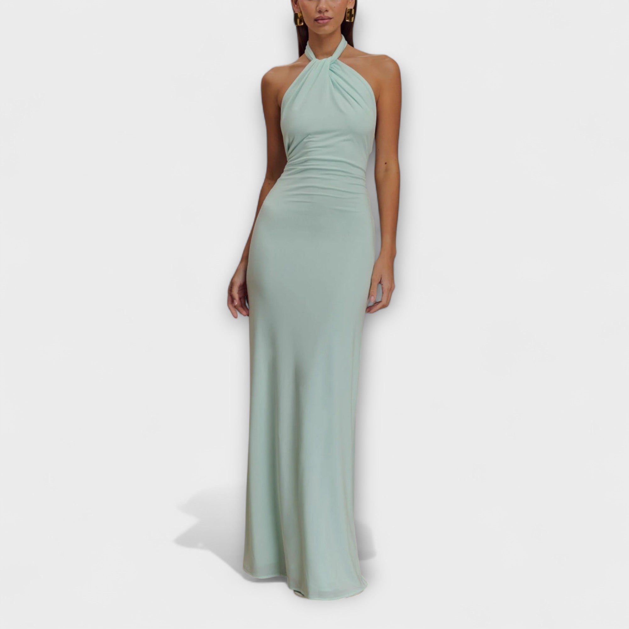 slinky halter neck dress Halter Neck Backless Ruched Double Layer Maxi Dress In Brown Printed Slinky | EGO US