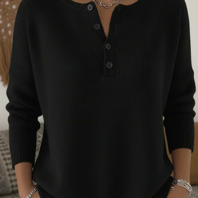 Olive | Button-Neck Ribbed-Trim Jumper