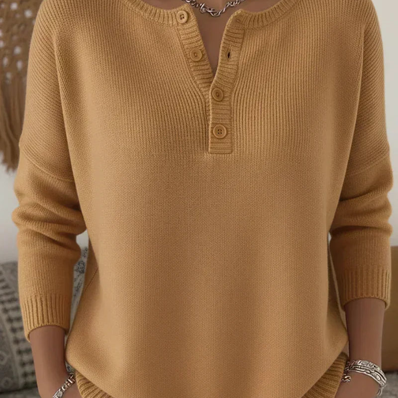 Olive | Button-Neck Ribbed-Trim Jumper
