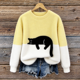 Mabel | Cat Print Colour-Block Oversized Jumper