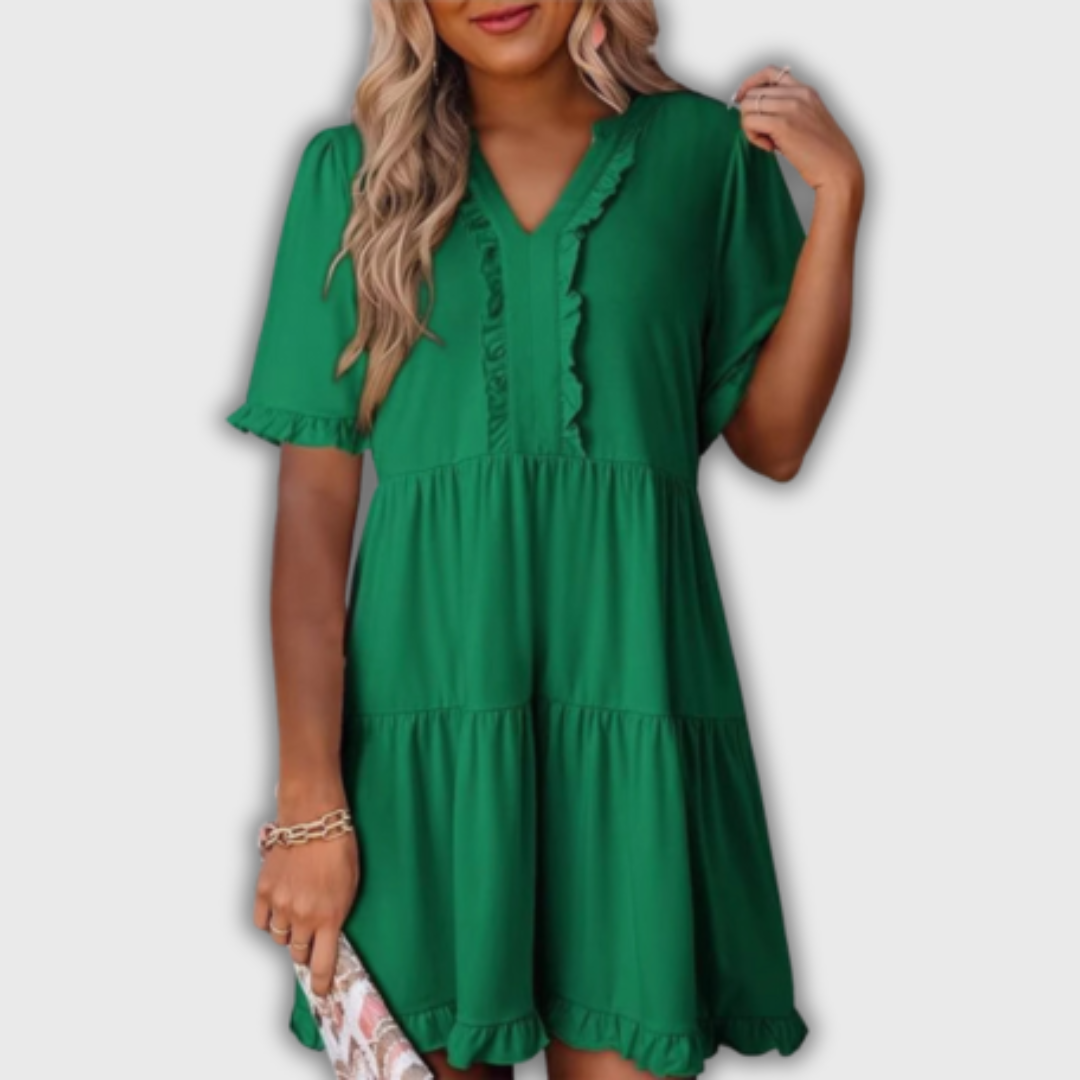 SHAILA – Relaxed Mini Dress with V-Neck & Ruffle