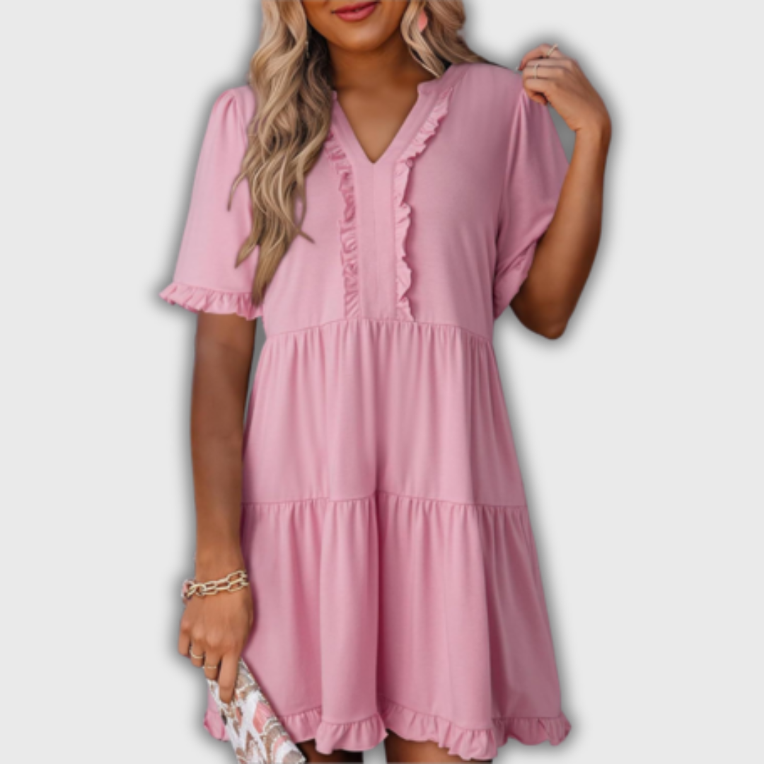 SHAILA – Relaxed Mini Dress with V-Neck & Ruffle