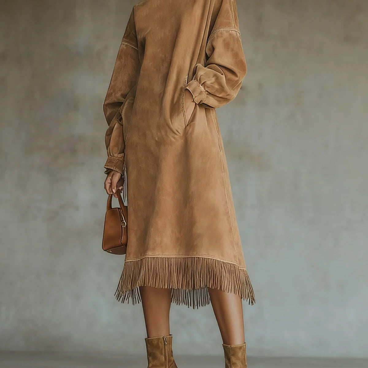 Aurelia Fringe™ | Vintage Suede High-Neck Midi Dress