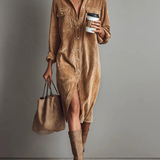 Isla Charcoal™ Vintage Corduroy Midi Shirt Dress