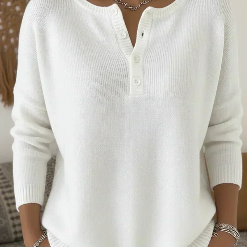Olive | Button-Neck Ribbed-Trim Jumper