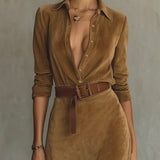 Solaire Suede™ | Elegant Vintage Maxi Shirt Dress