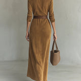 Solaire Suede™ | Elegant Vintage Maxi Shirt Dress