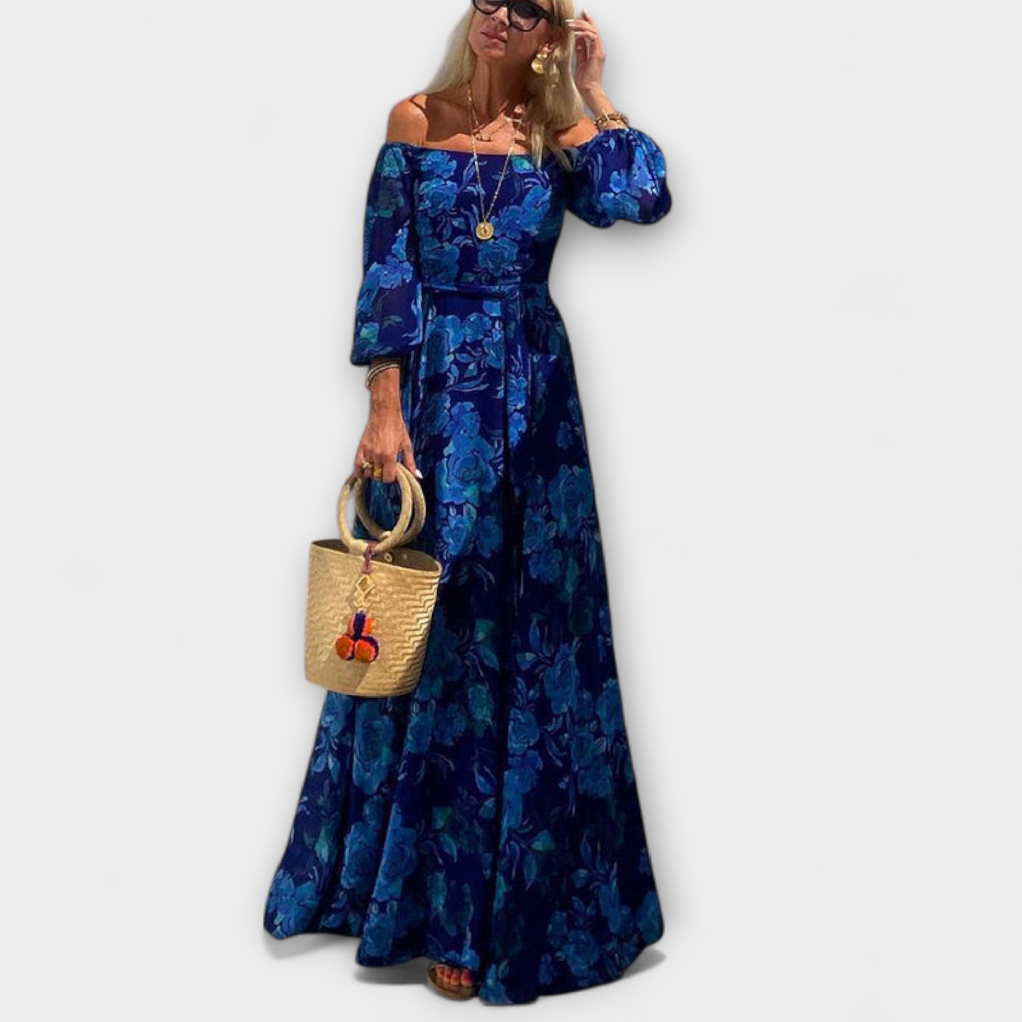 alandra ruched maxi dress Juniper Floral Off-Shoulder Maxi Dress with Ruched Top, Perfect for Holidays
