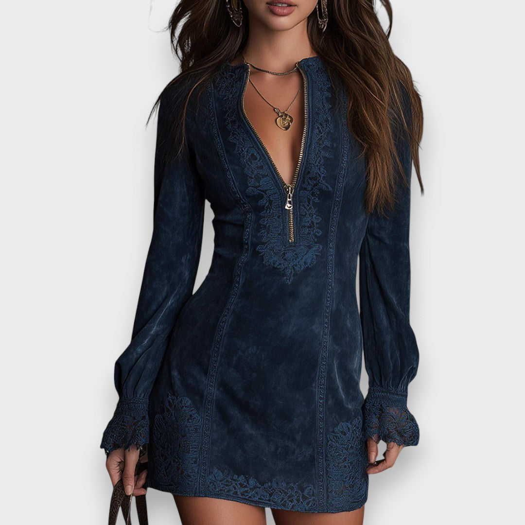 blue suede mini dress Jitrois Margarita Blue Stretch Suede Flared Sleeve Mini Dress Size 46_$4,940