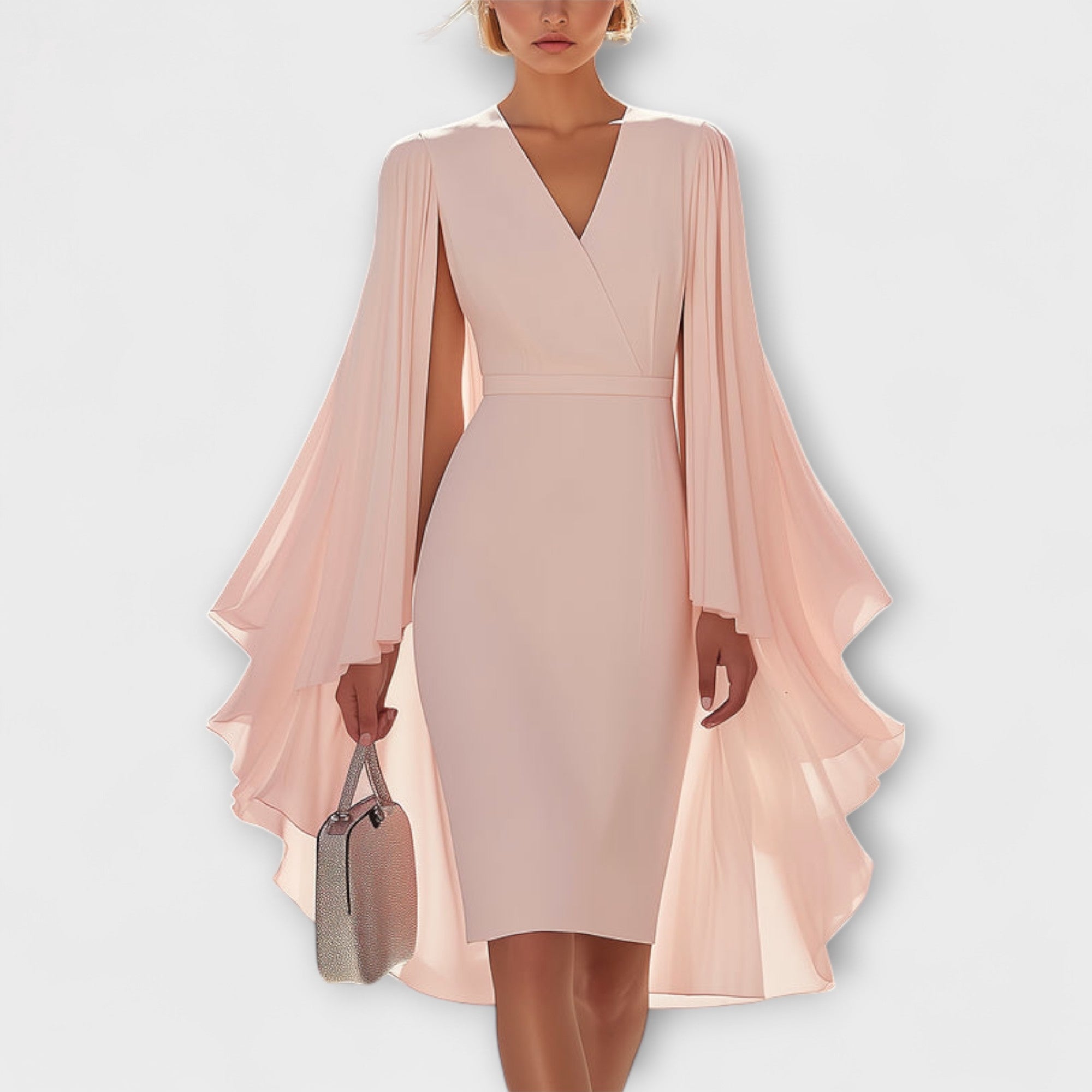 Rachel - Hellrosa Midi Dress with V-Neck and Chiffon Sleeves