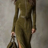 Aurelia Suede High-Neck Slit Maxi Dress