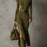 Aurelia Suede High-Neck Slit Maxi Dress