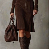 Cambria Luxe Suede Zip-Front Midi Dress