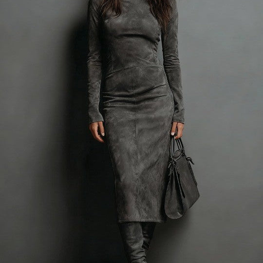 Marcelle Luxe™ | Contour Suede Turtleneck Midi Dress