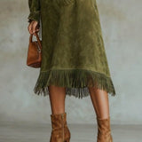 Aurelia Fringe™ | Vintage Suede High-Neck Midi Dress