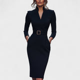 Kate | Refined black dress with belt and mandarin collar