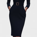 Kate | Refined black dress with belt and mandarin collar