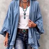 Corinne | Chic Boho Denim Ruffle Trim Cardigan