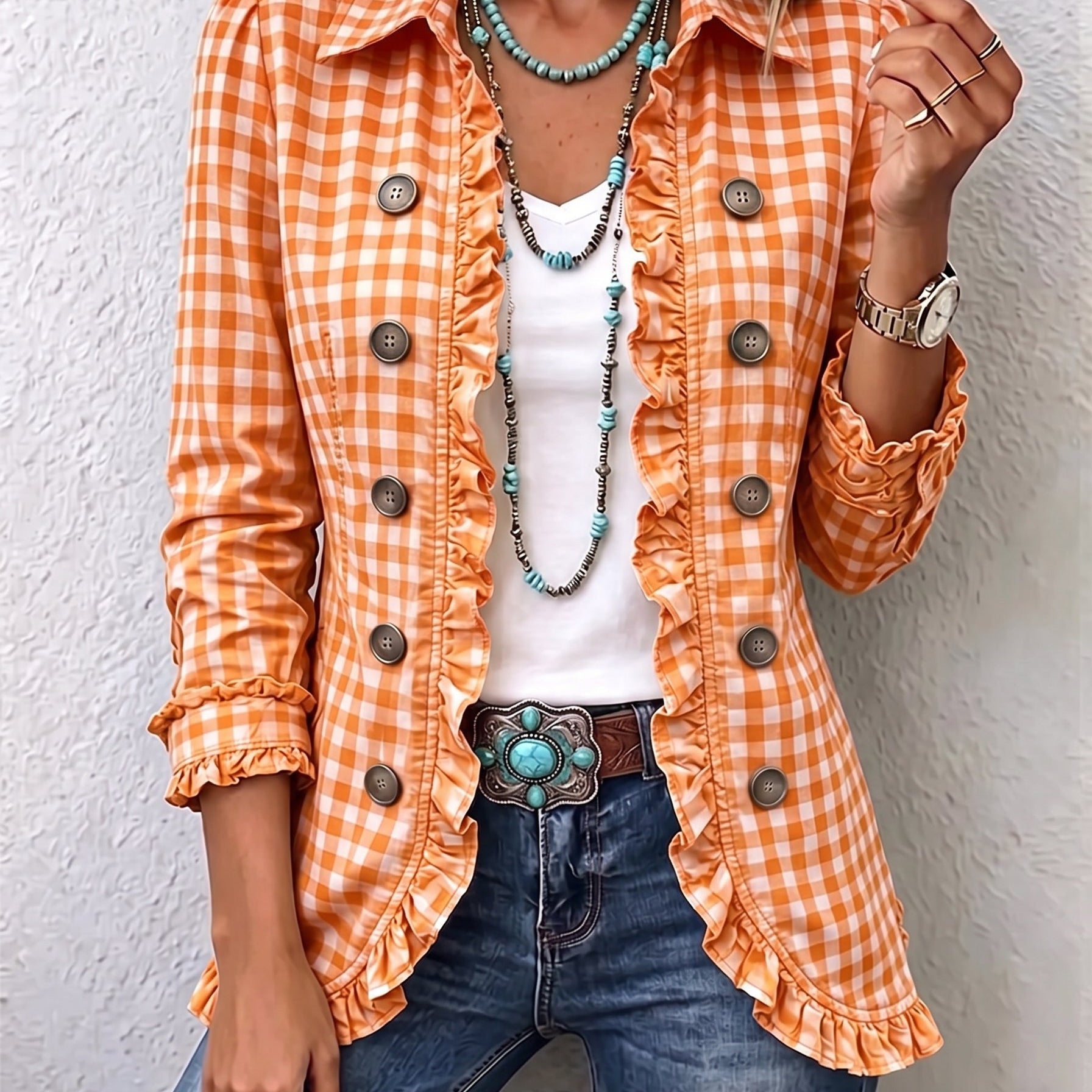 Charlene | Gingham Ruffled Button-Down Jacket