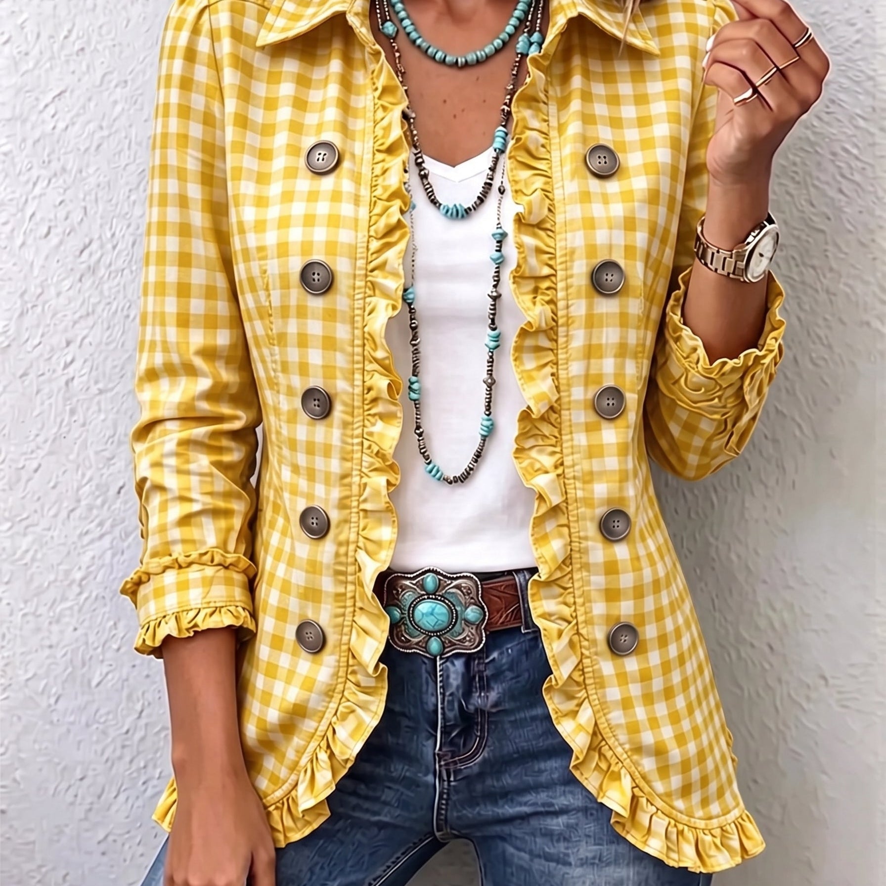 Charlene | Gingham Ruffled Button-Down Jacket