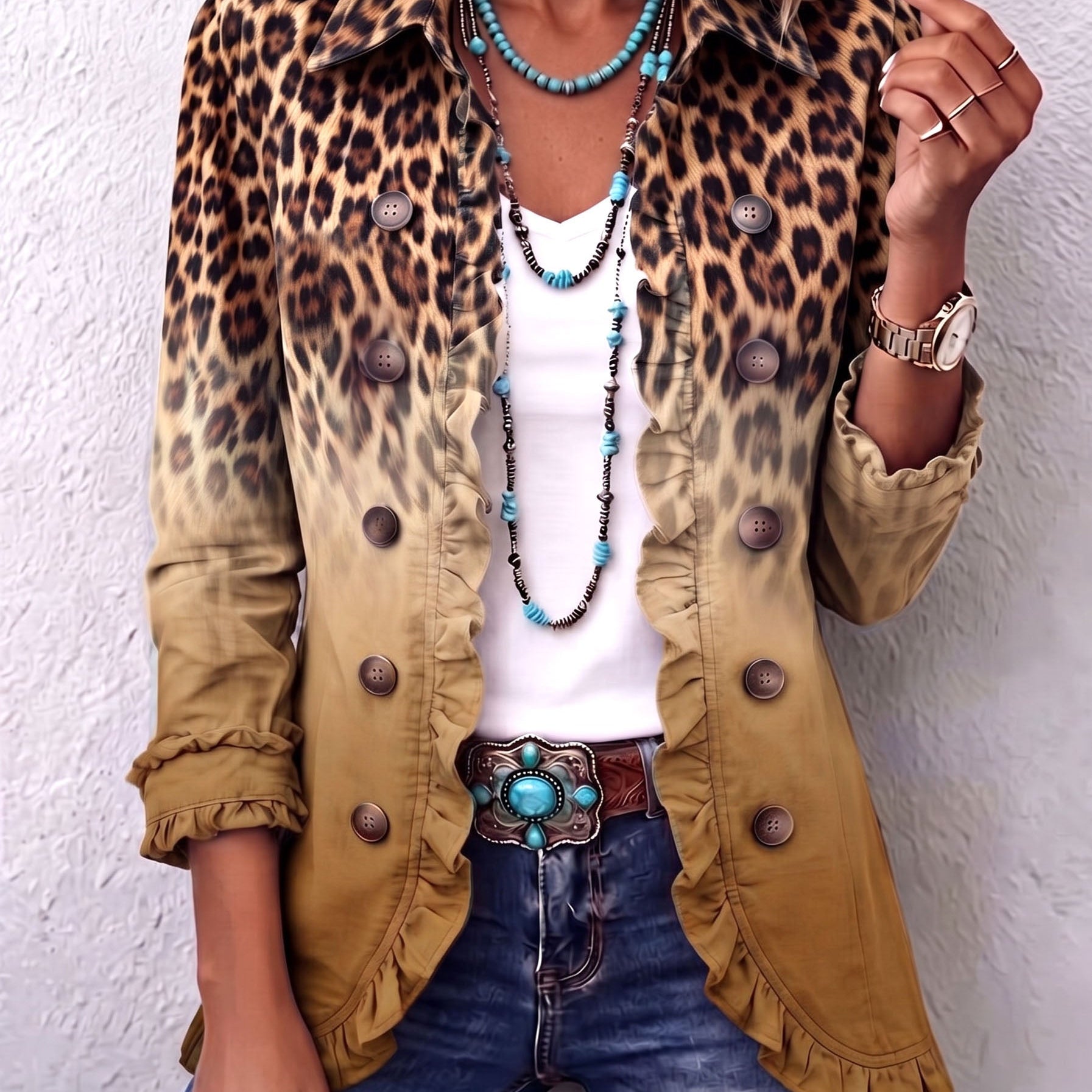 Elspeth | Leopard Ombre Ruffle Blazer Jacket