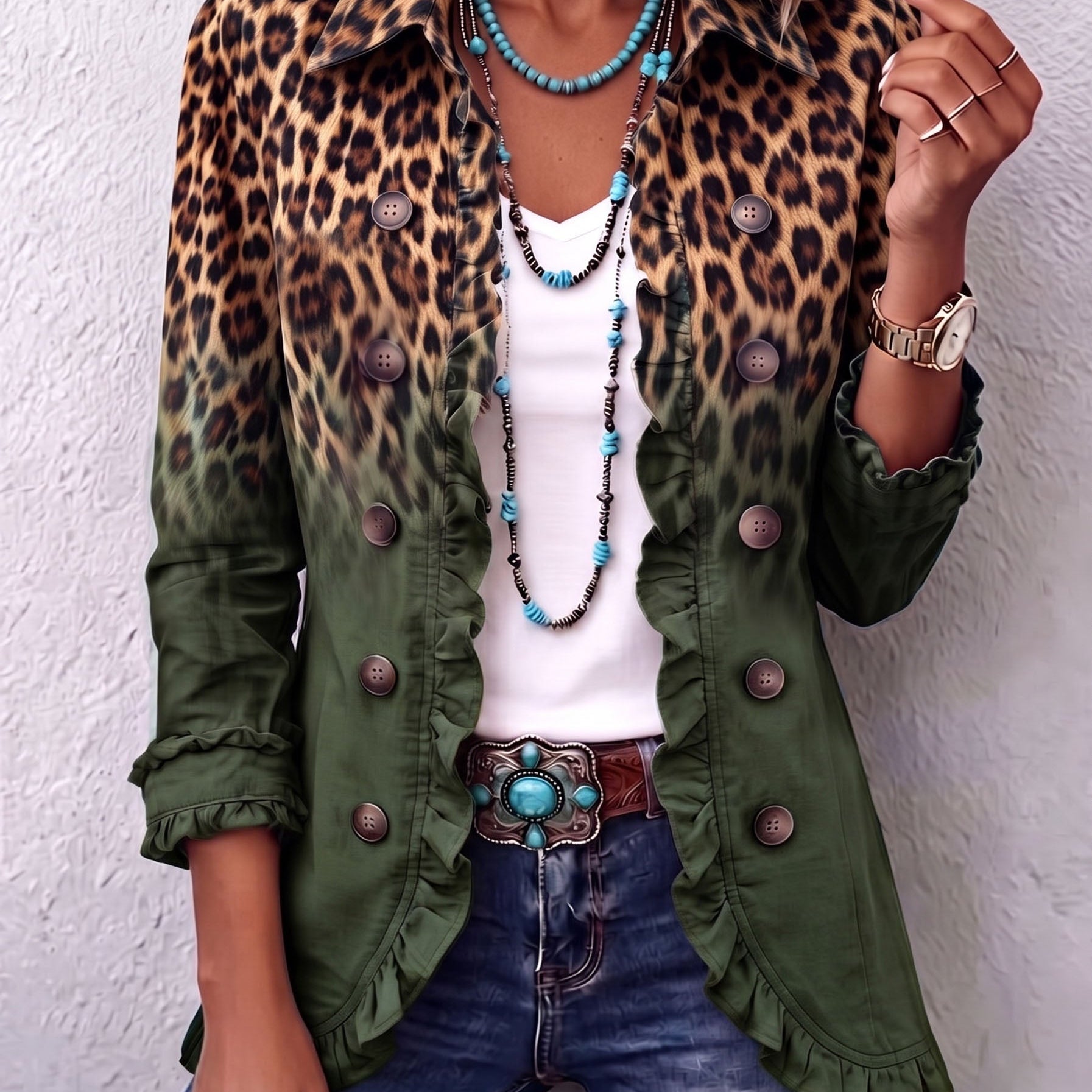 Elspeth | Leopard Ombre Ruffle Blazer Jacket