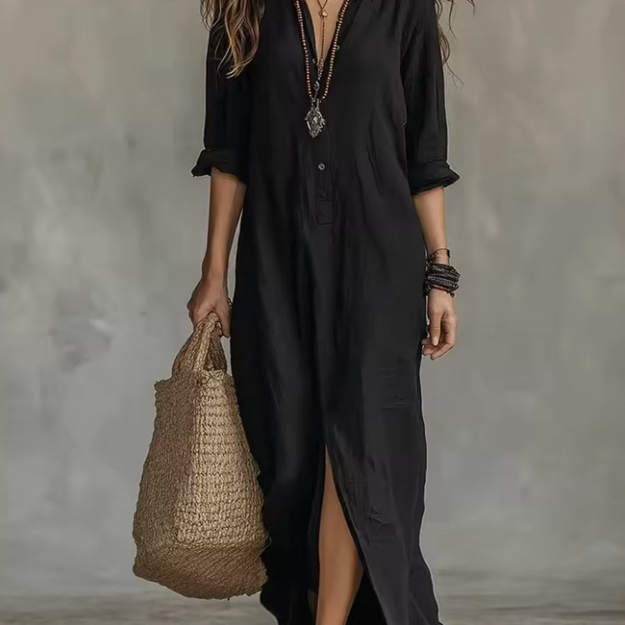Soline | Long Black Button-Up Dress
